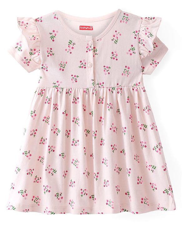 Babyhug Single Jersey Knit Half Sleeves with Frill Detailing Frock with Bloomer Floral Print - Pink