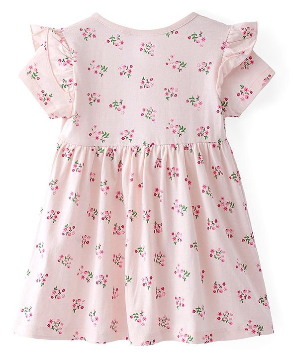 Babyhug Single Jersey Knit Half Sleeves with Frill Detailing Frock with Bloomer Floral Print - Pink