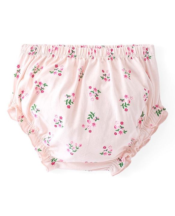 Babyhug Single Jersey Knit Half Sleeves with Frill Detailing Frock with Bloomer Floral Print - Pink