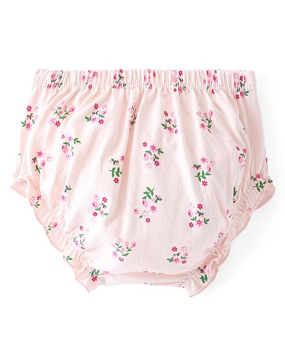 Babyhug Single Jersey Knit Half Sleeves with Frill Detailing Frock with Bloomer Floral Print - Pink