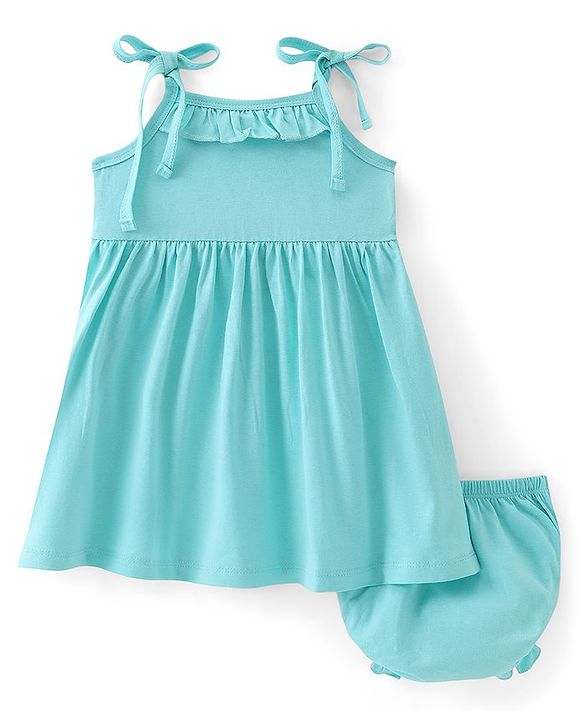 Babyhug Cotton Knit Sleeveless Solid Color Frock with Bloomer - Blue