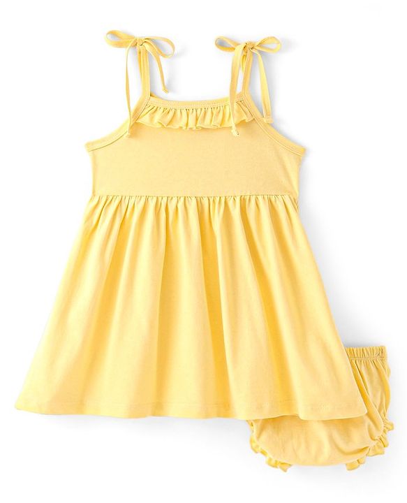 Babyhug Single Jersey Knit Sleeveless Frock with Bloomer Frill Detailing Solid Colour - Yellow