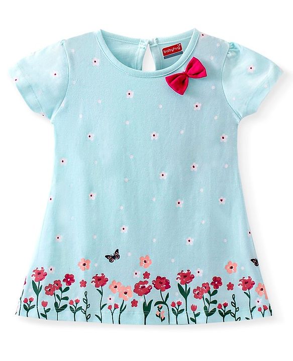 Babyhug Single Jersey Half Sleeves Frock with Bow & Flowers Print - Mint