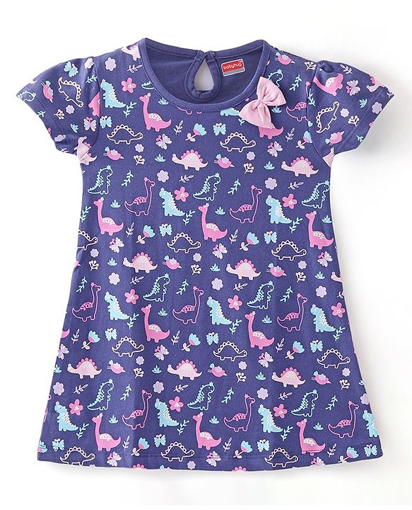 Babyhug Cotton Knit Half Sleeves  Frock Dino Print - Navy Blue