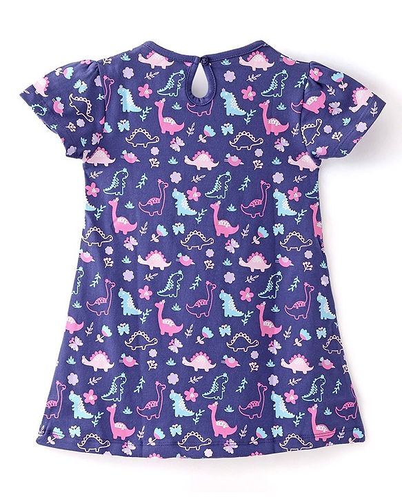 Babyhug Cotton Knit Half Sleeves  Frock Dino Print - Navy Blue