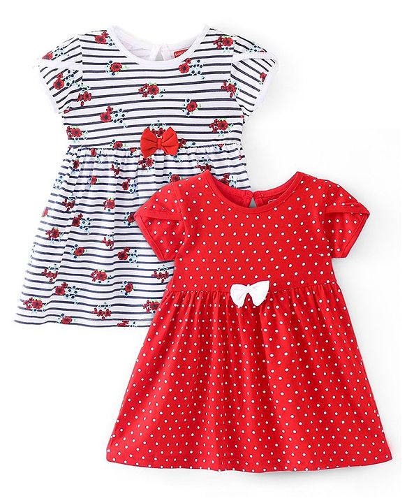 Babyhug Single Jersey Knit Half Sleeves Frocks with Bow Applique Striped Polka Dots & Floral Print Pack of 2 - Multicolour