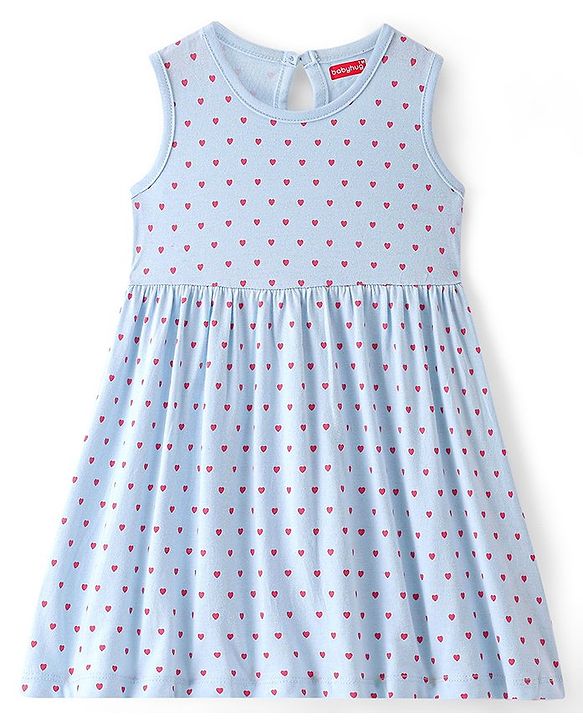 Babyhug 100% Cotton Single Jersey Knit Sleeveless Frock Heart Print - Blue