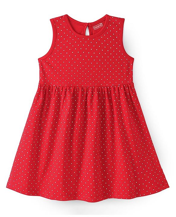 Babyhug Cotton Knit Sleeveless Frock with Polka Dots Print - Red