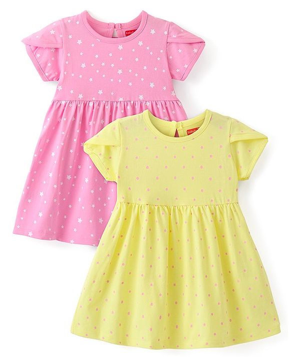 Babyhug Single Jersey Knit Half Sleeves Frocks with Polka Dots & Star Print Pack of 2 - Multicolour