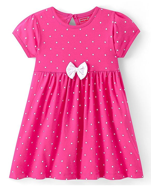 Babyhug Single Jersey Half Sleeves  Frock With Polka Dot Print & Bow Applique- Pink