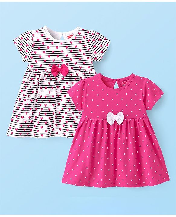 Babyhug Single Jersey Knit Half Sleeves Frocks With Hearts & Polka Dots Print & Bow Pack Of 2 - Pink & White