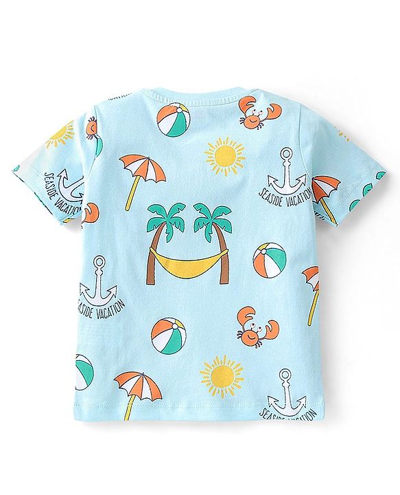 Babyhug Cotton Knit Half Sleeves T-Shirt Beach Print - Light Blue