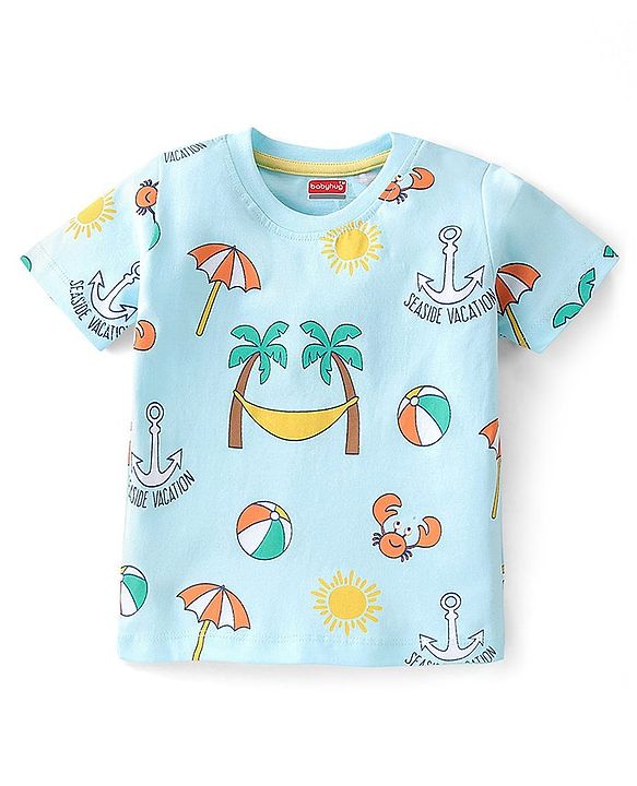 Babyhug Cotton Knit Half Sleeves T-Shirt Beach Print - Light Blue