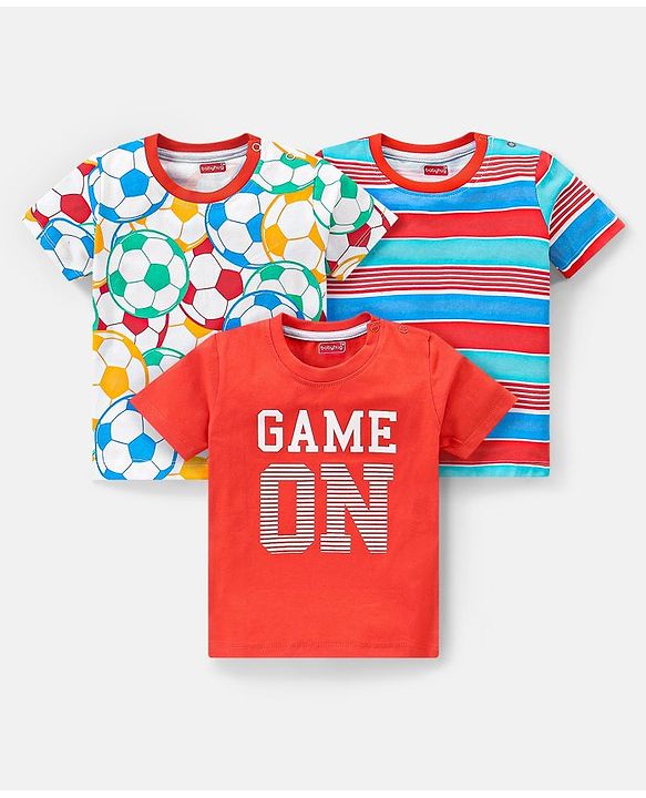 Babyhug 100% Cotton Knit Half Sleeves T-Shirts Football Print Pack of 3 - Multicolor
