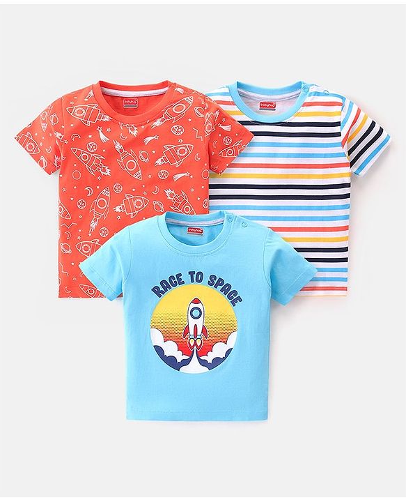 Babyhug  Cotton Knit Half Sleeves  T-Shirts Striped & Rocket Print Pack of 3  - Multicolour