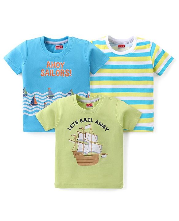 Babyhug Cotton Knit Half Sleeves T-Shirt with Boat  Graphics Pack of 3 - Multicolour