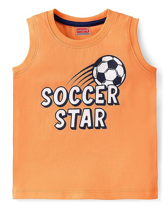 Babyhug Cotton Knit Sleeveless Soccer Graphics T-Shirt - Orange