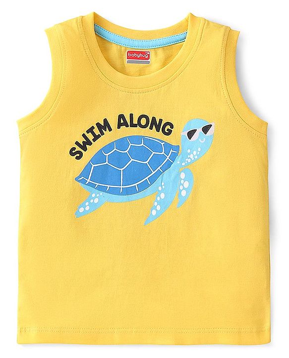 Babyhug Cotton Knit  Sleeveless T-Shirt with Turtle Print - Yellow