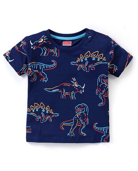 Babyhug Cotton Half Sleeves Striped T-Shirts With Dino Graphics Pack of 3 - Red Navy & Light Blue
