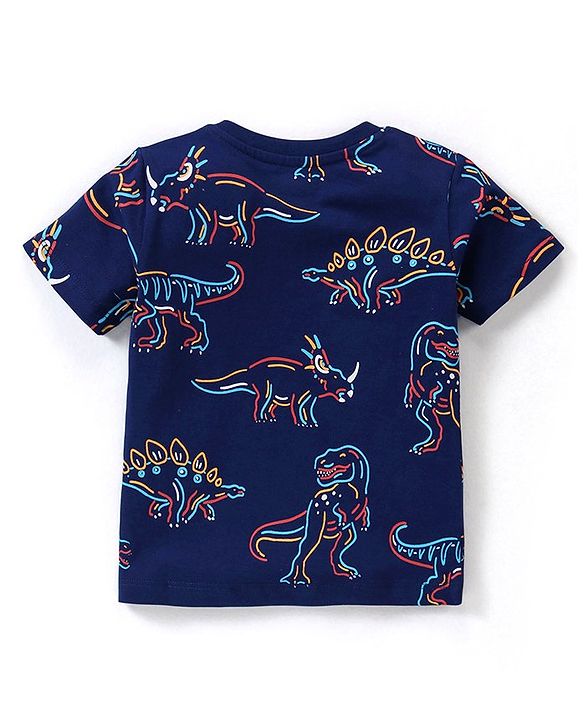 Babyhug Cotton Half Sleeves Striped T-Shirts With Dino Graphics Pack of 3 - Red Navy & Light Blue