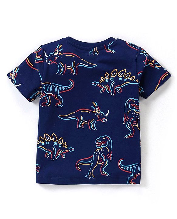 Babyhug Cotton Half Sleeves Striped T-Shirts With Dino Graphics Pack of 3 - Red Navy & Light Blue