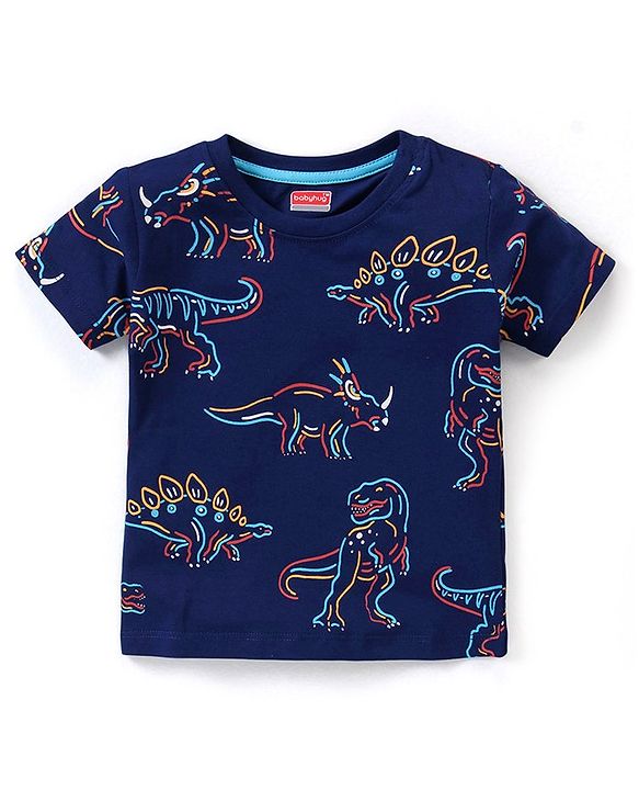 Babyhug Cotton Half Sleeves Striped T-Shirts With Dino Graphics Pack of 3 - Red Navy & Light Blue
