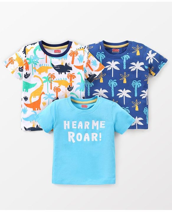 Babyhug Cotton Knit Half Sleeves T-Shirts Dino & Text Graphics Pack of 3 - Multicolour
