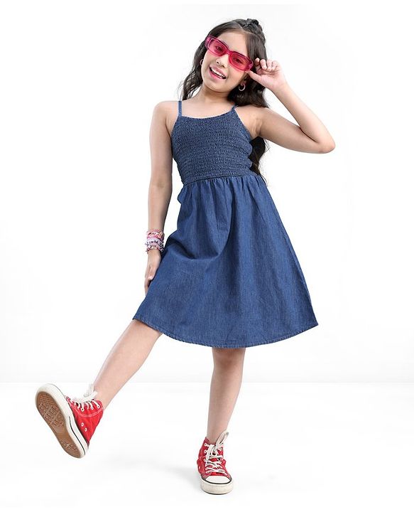 Pine Kids 100% Cotton Woven Sleeveless Singlet Solid Colour Frock -Blue