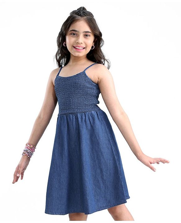 Pine Kids 100% Cotton Woven Sleeveless Singlet Solid Colour Frock -Blue
