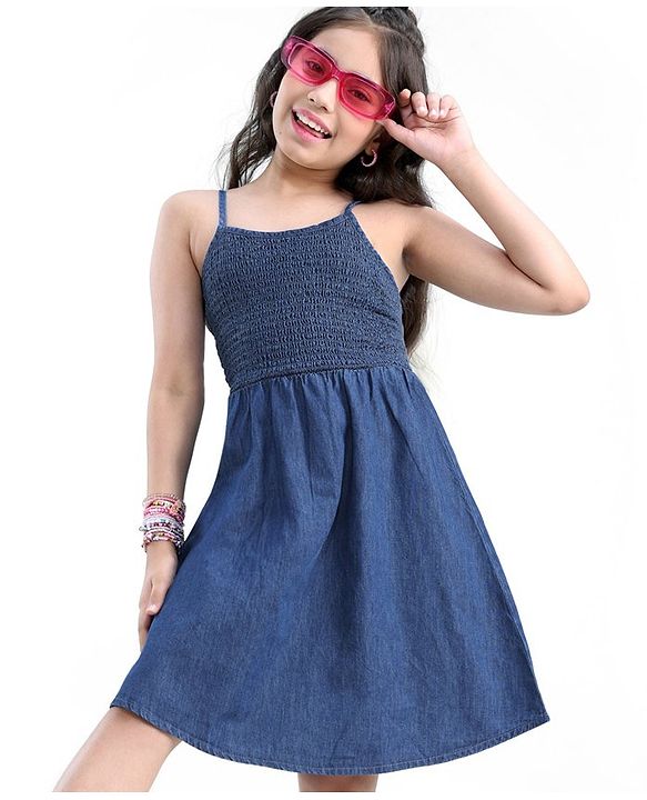 Pine Kids 100% Cotton Woven Sleeveless Singlet Solid Colour Frock -Blue