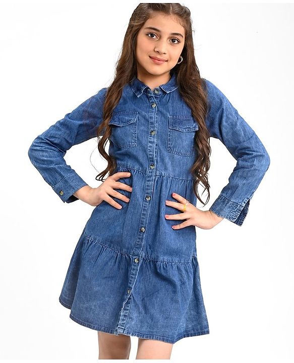 Pine Kids 100% Cotton Woven Denim Full Sleeves Shirt Dress Solid Colour - Blue