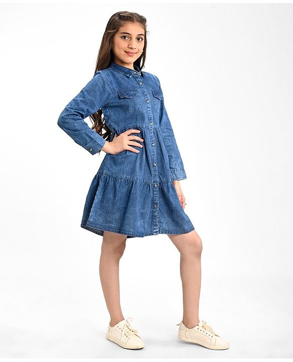 Pine Kids 100% Cotton Woven Denim Full Sleeves Shirt Dress Solid Colour - Blue