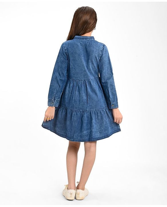 Pine Kids 100% Cotton Woven Denim Full Sleeves Shirt Dress Solid Colour - Blue