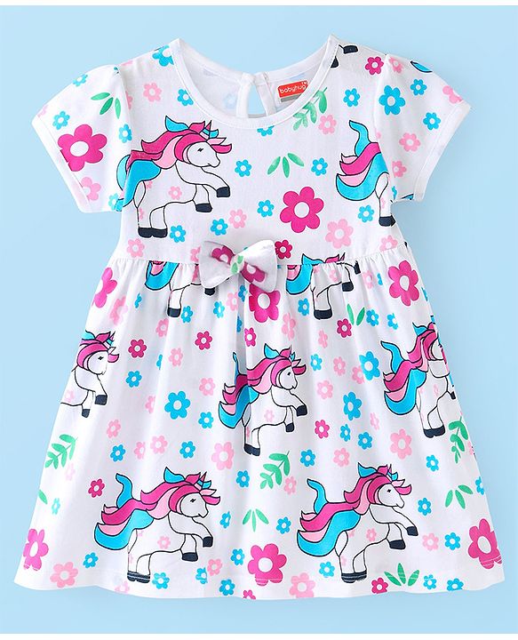 Babyhug Sing le Jersey Knit Half Sleeves Frock with Unicorn Print - White
