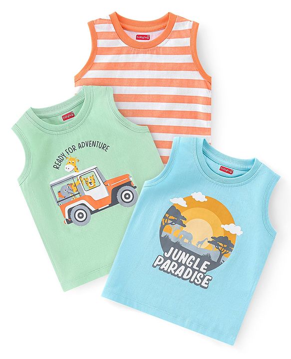 Babyhug 100% Cotton Knit Sleeveless T-Shirt With Striped & Jungle Theme Graphics Pack Of 3 - Orange Green & Blue