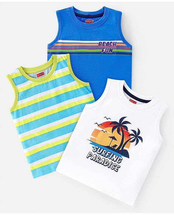 Babyhug 100% Cotton Knit Sleeveless T-Shirt With Striped & Tropical Graphics Pack Of 3 - Green Blue & White