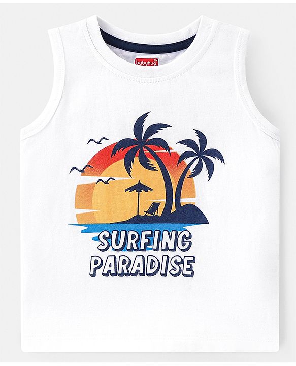 Babyhug 100% Cotton Knit Sleeveless T-Shirt With Striped & Tropical Graphics Pack Of 3 - Green Blue & White