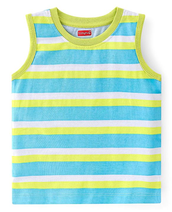 Babyhug 100% Cotton Knit Sleeveless T-Shirt With Striped & Tropical Graphics Pack Of 3 - Green Blue & White