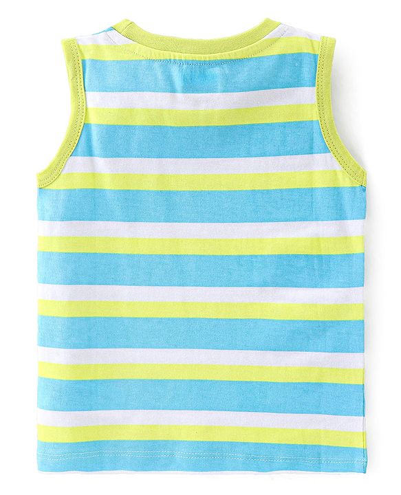 Babyhug 100% Cotton Knit Sleeveless T-Shirt With Striped & Tropical Graphics Pack Of 3 - Green Blue & White