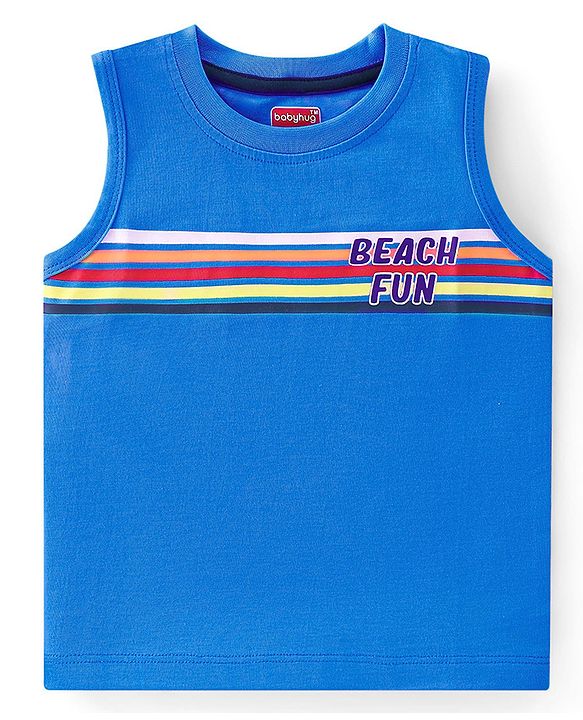 Babyhug 100% Cotton Knit Sleeveless T-Shirt With Striped & Tropical Graphics Pack Of 3 - Green Blue & White