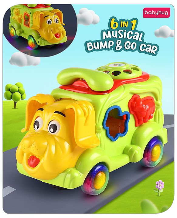 Babyhug 6 in 1 Puppy Musical Bump & Go Car with moving Ear & Eyes| Lights & Music| Dial Phone |Animal Shape Sorter For Toddlers and Kids| BIS Certified| Storage| Time Telling| Cause & Effect - Yellow