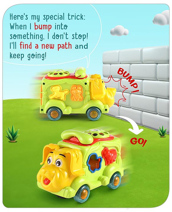 Babyhug 6 in 1 Puppy Musical Bump & Go Car with moving Ear & Eyes| Lights & Music| Dial Phone |Animal Shape Sorter For Toddlers and Kids| BIS Certified| Storage| Time Telling| Cause & Effect - Yellow
