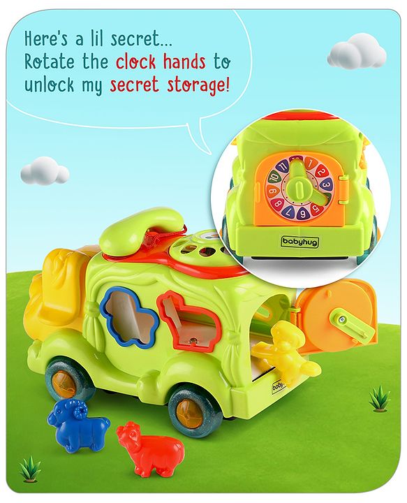 Babyhug 6 in 1 Puppy Musical Bump & Go Car with moving Ear & Eyes| Lights & Music| Dial Phone |Animal Shape Sorter For Toddlers and Kids| BIS Certified| Storage| Time Telling| Cause & Effect - Yellow