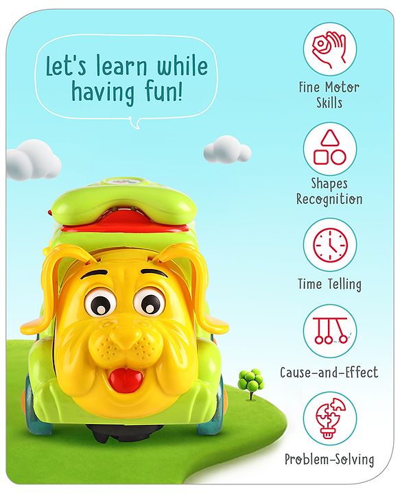 Babyhug 6 in 1 Puppy Musical Bump & Go Car with moving Ear & Eyes| Lights & Music| Dial Phone |Animal Shape Sorter For Toddlers and Kids| BIS Certified| Storage| Time Telling| Cause & Effect - Yellow