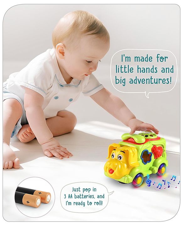 Babyhug 6 in 1 Puppy Musical Bump & Go Car with moving Ear & Eyes| Lights & Music| Dial Phone |Animal Shape Sorter For Toddlers and Kids| BIS Certified| Storage| Time Telling| Cause & Effect - Yellow
