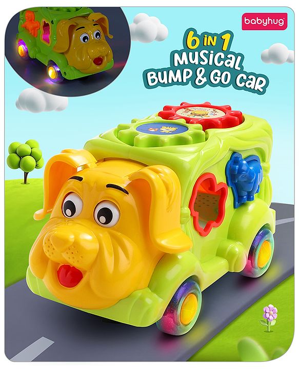 Babyhug 6 in 1 Puppy Musical Bump & Go Car with moving Ear & Eyes| Lights & Music| Dial Phone |Animal Shape Sorter For Toddlers and Kids| BIS Certified| Storage| Time Telling| Cause & Effect - Yellow