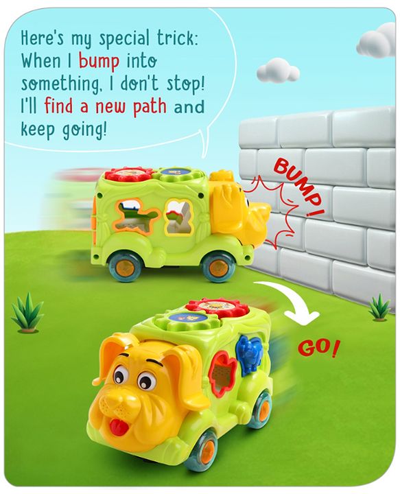 Babyhug 6 in 1 Puppy Musical Bump & Go Car with moving Ear & Eyes| Lights & Music| Dial Phone |Animal Shape Sorter For Toddlers and Kids| BIS Certified| Storage| Time Telling| Cause & Effect - Yellow