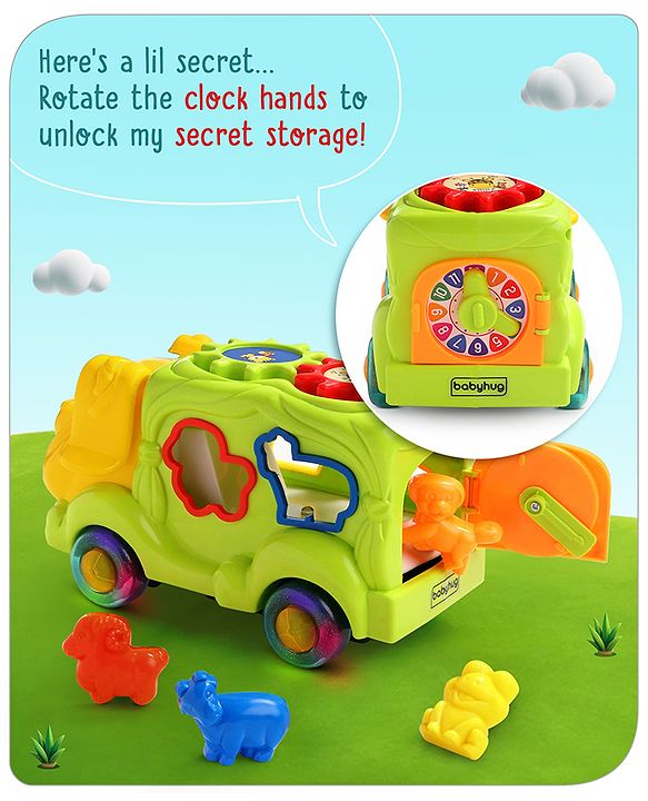 Babyhug 6 in 1 Puppy Musical Bump & Go Car with moving Ear & Eyes| Lights & Music| Dial Phone |Animal Shape Sorter For Toddlers and Kids| BIS Certified| Storage| Time Telling| Cause & Effect - Yellow