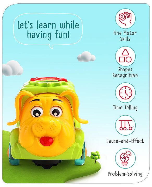 Babyhug 6 in 1 Puppy Musical Bump & Go Car with moving Ear & Eyes| Lights & Music| Dial Phone |Animal Shape Sorter For Toddlers and Kids| BIS Certified| Storage| Time Telling| Cause & Effect - Yellow
