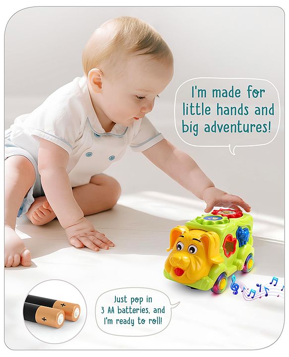 Babyhug 6 in 1 Puppy Musical Bump & Go Car with moving Ear & Eyes| Lights & Music| Dial Phone |Animal Shape Sorter For Toddlers and Kids| BIS Certified| Storage| Time Telling| Cause & Effect - Yellow